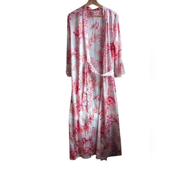 Oscar de la Renta Watercolor Rose Satin Bodoir Lingerie Robe M - Picture 3 of 11